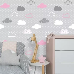 Papel De Parede Infantil Nuvens Cinza E Rosa