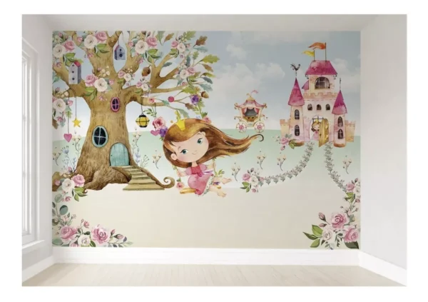 Papel De Parede Infantil Princesa Menina No Balanço Bebê 1m²