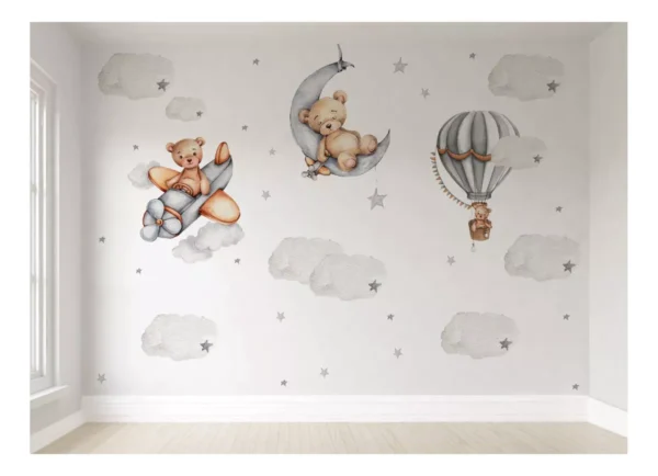 Papel De Parede Infantil Quarto Bebê Balão Urso Nuvem 4m²