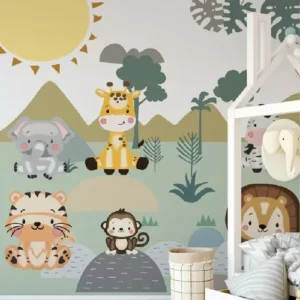 Papel De Parede Infantil Safari Animais Autocolante