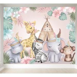 Papel De Parede Infantil Safári Animais Flores - Pp439 3m²