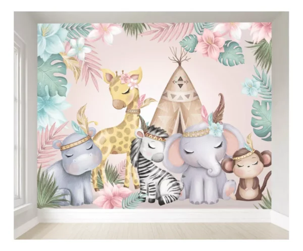 Papel De Parede Infantil Safári Animais Flores - Pp439 3m²