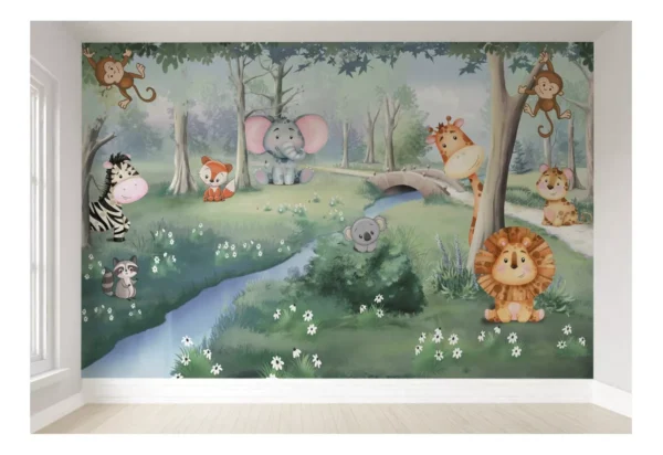 Papel De Parede Infantil Safári Animal Floresta 4m² Vr448