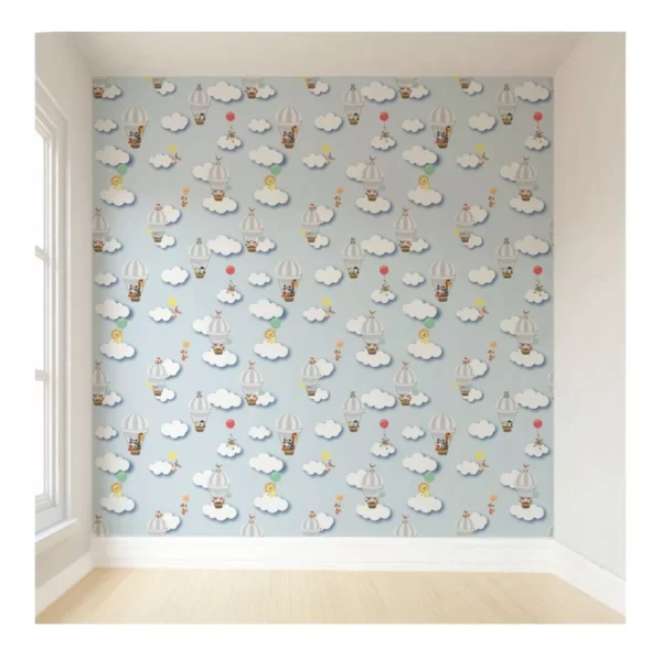 Papel De Parede Infantil Safari Balao Nuvens Auto Colante 2m