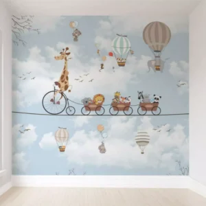 Papel De Parede Infantil Safari Trenzinho Balões Azul 2mx2m