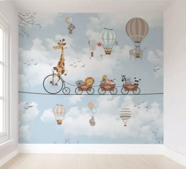 Papel De Parede Infantil Safari Trenzinho Balões Azul 2mx2m