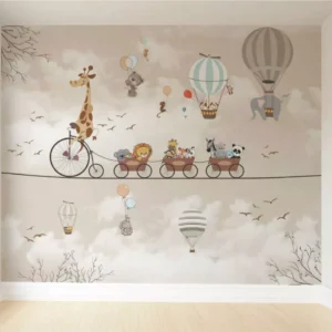 Papel De Parede Infantil Safari Trenzinho Balões Bege 2x2m