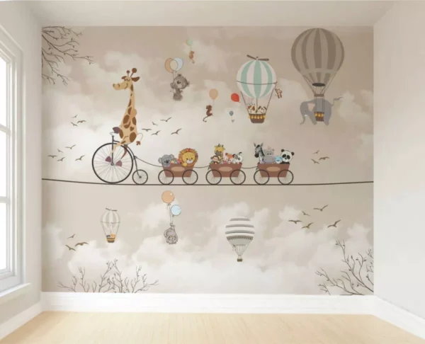 Papel De Parede Infantil Safari Trenzinho Balões Bege 2x2m