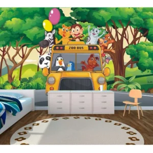 Papel De Parede Infantil Zoo Safari Animais Selva Onibus Girafa Paisagem Arvores Crianças Decoração 6m² M45