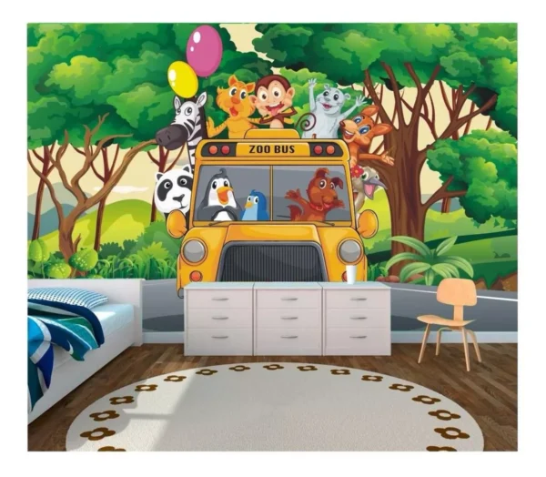 Papel De Parede Infantil Zoo Safari Animais Selva Onibus Girafa Paisagem Arvores Crianças Decoração 6m² M45