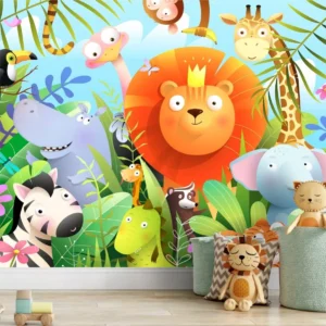 Papel De Parede Infantil Zoo Safari Girafa Leão Painel G1159