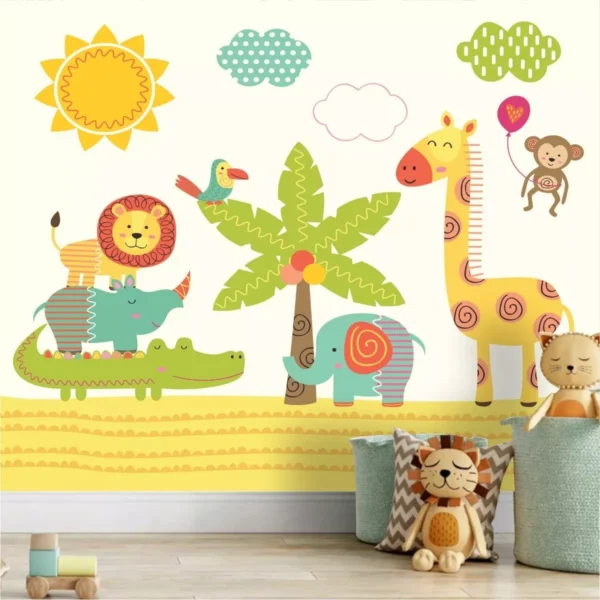 Papel De Parede Infantil Zoo Safari Leão Girafa Painel Gg973