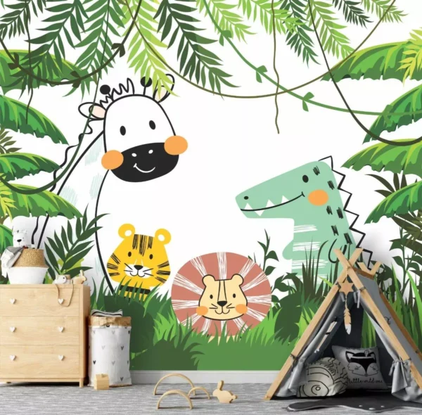 Papel De Parede Infantil Zoo Safari Selva Leão Painel G1215