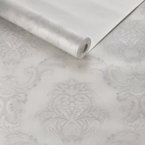 Papel De Parede Lavável Arabesco Cinza Com Glitter Brilho