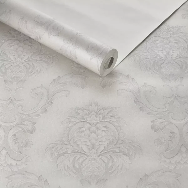 Papel De Parede Lavável Arabesco Cinza Com Glitter Brilho