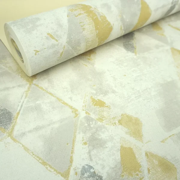 Papel De Parede Lavável Cinza Geométrico Dourado Lavabo 4m²