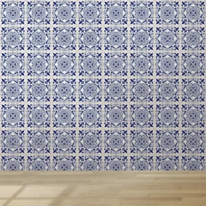 Papel De Parede Lavável Cozinha Azulejo Azul Português 3m