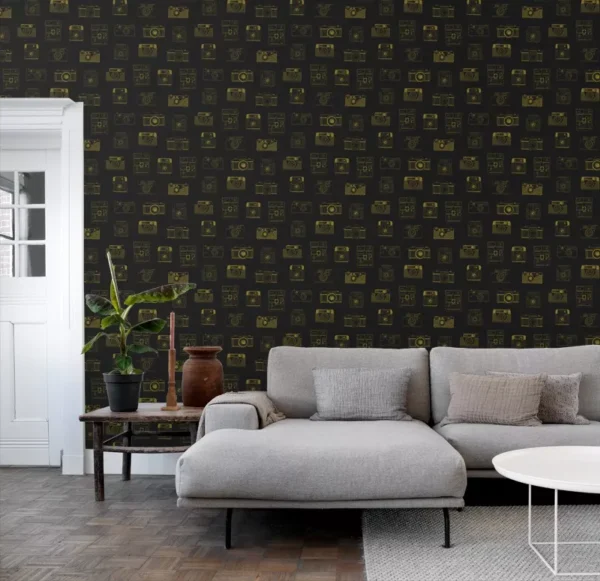 Papel De Parede Lavável Preto E Amarelo Câmeras Cozinha 4m²