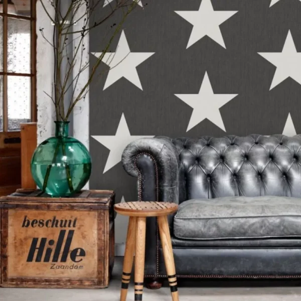 Papel De Parede Lavável Preto Estampado Estrelas Lavabo 4m²