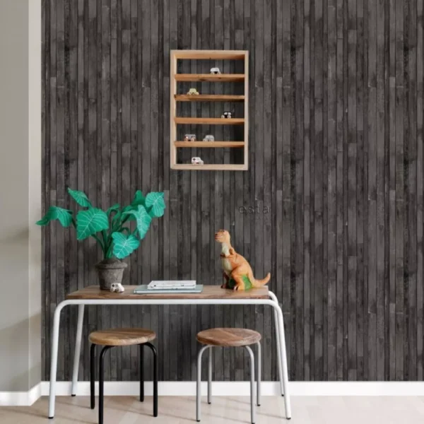 Papel De Parede Lavável Preto Imita Madeira Sala Lavabo 4m²