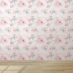 Papel De Parede Lavável Sala Passarinho Azul Flor Rosa 10m