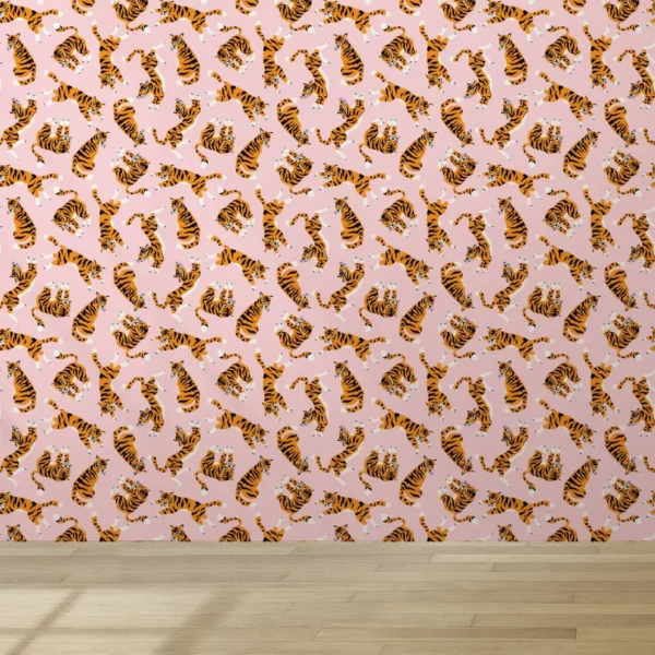 Papel De Parede Lavável Sala Tigre Rosa Felino Laranja 5m