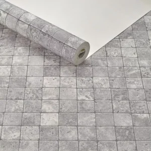 Papel De Parede Lavável Textura Ladrilhos Pastilha Cinza