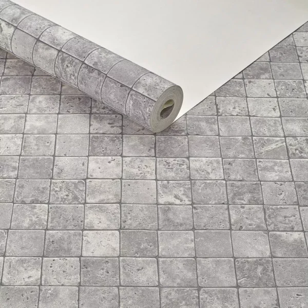 Papel De Parede Lavável Textura Ladrilhos Pastilha Cinza