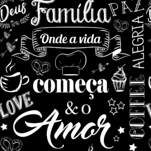 Papel De Parede Lettering Branco Fundo Preto Família Amor 3m