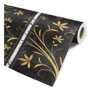 Papel De Parede Linho Floral Dourado Listras Cinza Escuro