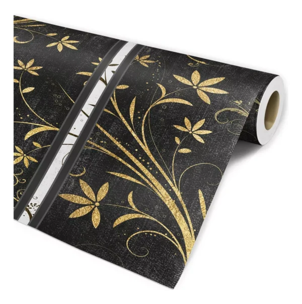 Papel De Parede Linho Floral Dourado Listras Cinza Escuro