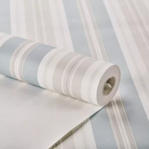 Papel De Parede Listrado Azul Cinza Branco Lavável