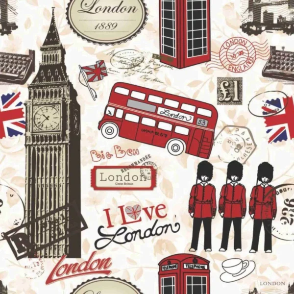 Papel De Parede Londres Vintage Autoadesivo Preto Vermelho