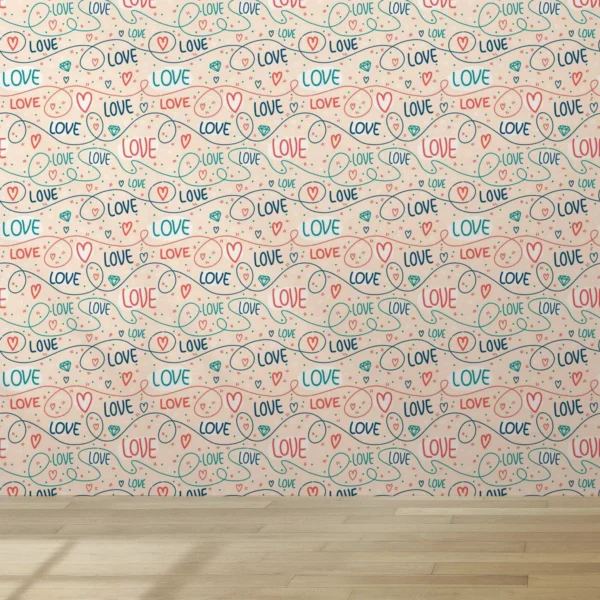 Papel De Parede Love Linhas Bege Azul Colorido Coração 3.5m