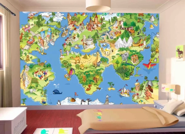 Papel De Parede Mapa Floresta Safari Animais Bebê M² Azs41