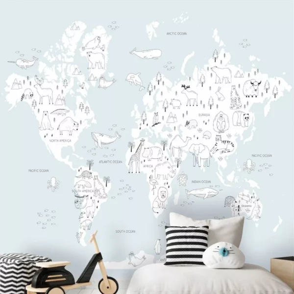 Papel De Parede Mapa Infantil Safari Zoo Bichos Painel G1204