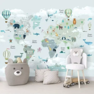 Papel De Parede Mapa Infantil Zoo Safari Balões Painel G1205