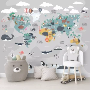 Papel De Parede Mapa Infantil Zoo Safari Balões Painel G1207