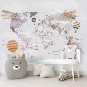 Papel De Parede Mapa Infantil Zoo Safari Balões Painel G1212