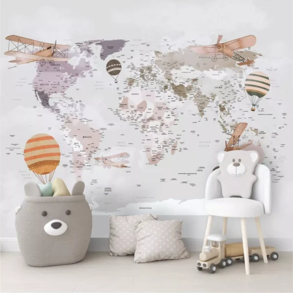 Papel De Parede Mapa Infantil Zoo Safari Balões Painel G1212