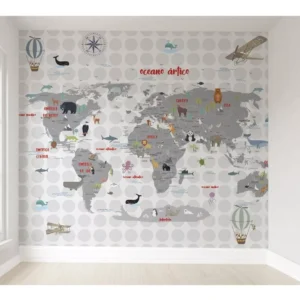 Papel De Parede Mapa Mundi Cinza Infantil Adesivo Pp Vr45 M²