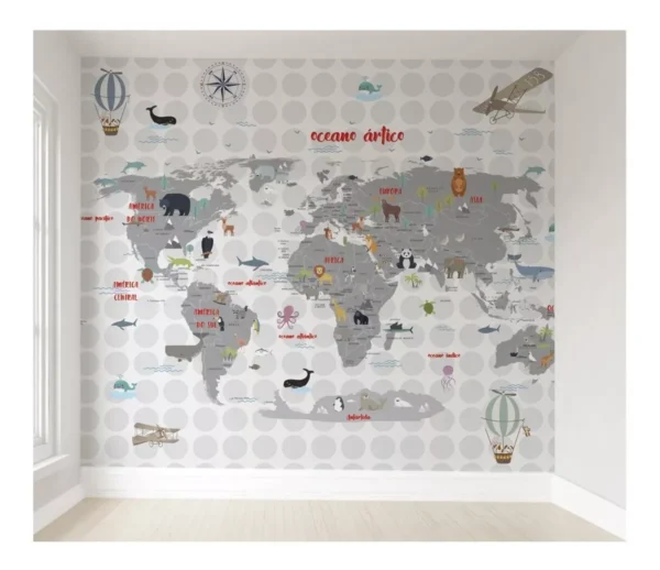 Papel De Parede Mapa Mundi Cinza Infantil Adesivo Pp Vr45 M²