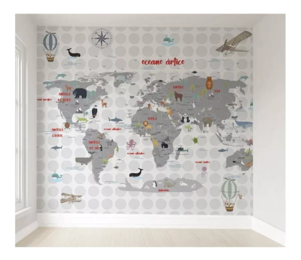 Papel De Parede Mapa Mundi Cinza Infantil Adesivo Vr45 3m²