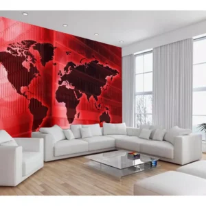 Papel De Parede Mapa Mundi Fundo Vermelho Arte 7,5m² Nmu80