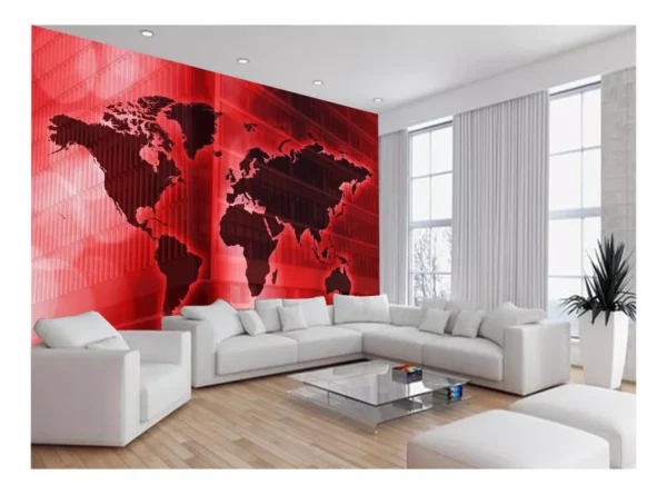 Papel De Parede Mapa Mundi Fundo Vermelho Arte 7,5m² Nmu80