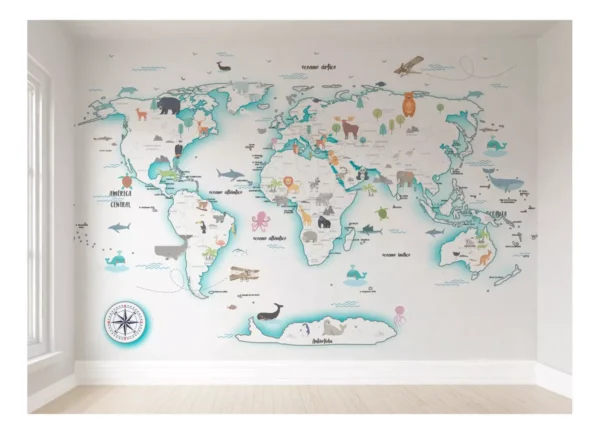 Papel De Parede Mapa Mundi Infantil Quarto De Bebê Vr54c 1m²