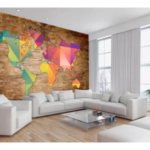 Papel De Parede Mapa Mundi Madeira Arte Cores 7,5m² Nmu24