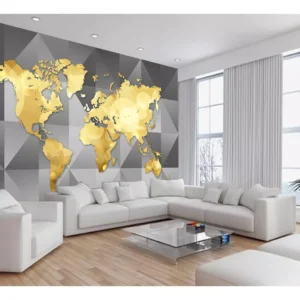 Papel De Parede Mapa Mundi Moderno Cinza Ouro 7,5m² Nmu73