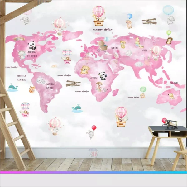 Papel De Parede - Mapa Mundi Rosa Menina - 2,0x1,5m - P02