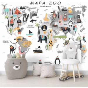 Papel De Parede Mapa Mundi Zoo Safari Infantil Painel G1174